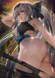 1girls 2022 absurdres ass bangs bare_shoulders bikini black_bikini black_bow blue_eyes bow braid breasts cleavage commentary_request eyebrows eyebrows_visible_through_hair eyelashes eyelashes_visible_through_hair eyewear_on_head fate/grand_order fate_(series) female female_ass female_focus female_only french_braid grey_hair hairbow highres large_breasts long_hair looking_at_viewer morgan_le_fay_(fate) nanaken_nana outdoors palm_tree parted_lips ponytail sidelocks smile solo solo_female sunglasses swimsuit thighs tree very_long_hair