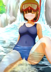 blush medium_breasts one-piece_swimsuit peeing peeing_in_water peeing_underwater pullpull15 sitting sitting_pee snorkel swimsuit swimwear underwater urinating_female water waterfall watersports