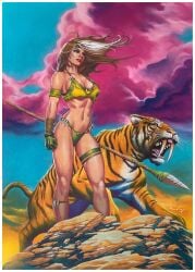 1girls anna_marie bikini brown_hair carlos_valenzuela cleavage gloves large_breasts long_hair marvel marvel_comics multicolored_hair rogue_(x-men) savage_land spear thong tiger torn_clothes white_hair x-men