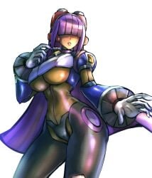 1girls android bangs blunt_bangs breasts cowboy_shot dark-skinned_female dark_skin dgrp female hair_over_eyes headgear headset highres hime_cut large_breasts layer long_hair mega_man mega_man_x mole mole_under_eye purple_hair robot_ears simple_background solo underboob white_background