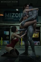 1monster 2girls 3d 3d_(artwork) ada_wong ada_wong_(adriana) big_breasts big_butt capcom claire_redfield dark_skin female footwear gas_station hands_behind_neck high_heels huge_cock human lace_stockings legwear male manual midnightsfm monster monster_sex mr_x nipples oral pale_skin pimp public resident_evil resident_evil_2 resident_evil_2_remake suspended_in_midair top_lifted topless tyrant weapon_holster