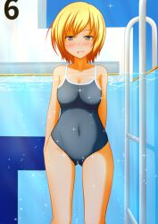 blonde_hair female one-piece_swimsuit peeing_in_pool peeing_underwater pool pullpull15 swimming_pool swimsuit swimwear