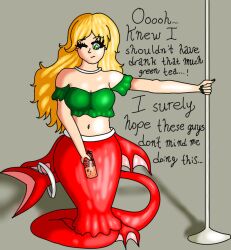 blonde_hair clothing female large_breasts mermaid mermaid_suit mermaid_tail omorashi peeing peeing_in_bottle peeing_in_cup peeing_into_glass spector urine velicia_(spector)