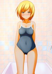 bathtub blonde_hair female happy one-piece_swimsuit pullpull15 smiling smirking standing swimsuit swimwear