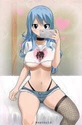 blue_hair choker fairy_tail female female_only fishnet_legwear fishnets fully_clothed high_waisted_thong hotpants juvia_lockser midriff revealing_clothes selfie short_shorts shorts stockings thong_above_shorts thong_straps underboob whale_tail