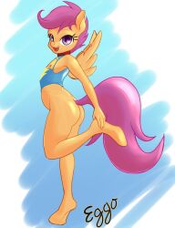 anthro ass clothed clothing collar cub eggonaught fall_of_equestria female female/female friendship_is_magic my_little_pony nipples nude partially_clothed scootaloo_(mlp) smooth_skin solo torn_clothing wings