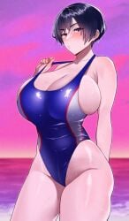 1girls 2022 arm_behind_back armpit_crease bare_shoulders beach big_breasts blue_swimsuit blush breasts bursting_breasts c-kyuu clothed clothes clothes_pull clothing cloud eyelashes female female_only highres hips horizon huge_breasts human human_only humanoid large_breasts long_eyelashes ocean one-piece_swimsuit original outdoors parted_lips purple_eyes purple_sky sand shiny shiny_clothes shiny_skin short_hair skindentation solo solo_female swimsuit swimsuit_pull thick thick_thighs thighs tight tomboy top_heavy undersized_clothes very_short_hair wet wide_hips