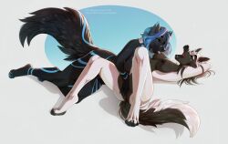 2022 4_toes 5_fingers anthro areola blue_hair breasts canid canine digital_media_(artwork) duo eyebrows eyelashes feet female fingers fox hair mammal melianah nipples nude open_mouth teeth toes tongue