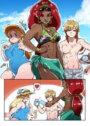 1boy 2girls beach big_breasts bikini blonde blonde_female blonde_hair breasts breath_of_the_wild chubby chubby_female dark-skinned_female dark_skin dekoboko021 fat_female female friends gerudo heart_speech_bubble hylian light-skinned_female light-skinned_male light_skin link link_(breath_of_the_wild) male one-piece_swimsuit overweight princess_zelda red_hair scar smile smiling straw_hat the_legend_of_zelda topless topless_male urbosa vacation wholesome zelda_(breath_of_the_wild)