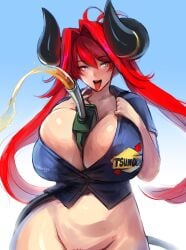 1girls big_horns breasts curved_horns female female_only horns huge_breasts junkpuyo looking_at_viewer open_mouth red_hair solo tongue tongue_out tsunoko voluptuous