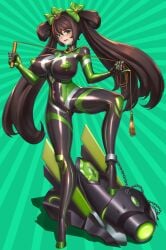 1girls big_breasts bodysuit breasts busty female female_only full_body full_body_suit green_background green_eyes honor_of_kings huge_breasts king_of_glory large_breasts niur rubber_suit rubber_tights solo solo_female sun_shang_xiang thick_thighs tights twintails voluptuous