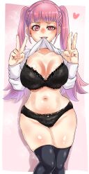 1girls ass_visible_through_thighs bangs bare_midriff bare_thighs black_bra black_panties bra breasts cleavage clenched_teeth collarbone double_v female female_only fire_emblem fire_emblem:_three_houses grin hilda_valentine_goneril horny hourglass_figure large_breasts lifted_by_self long_hair looking_at_viewer midriff mouth_hold nintendo open_clothes panties pink_eyes pink_hair ponimeko shirt shirt_lift smile solo sweat thighhighs thighs twintails underwear v wide_hips