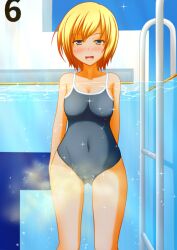 blonde_hair blush female large_breasts one-piece_swimsuit peeing peeing_in_pool peeing_in_water peeing_self peeing_underwater pool pullpull15 smiling standing_pee swimming_pool swimsuit swimwear urinating_female urine water watersports wetting wetting_self