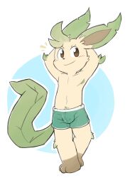 2022 anthro armpit_hair black_nose blush blush_lines bottomwear brown_body brown_eyes brown_feet brown_fur brown_inner_ear bulge circle_eyebrows clothed clothing detailed_bulge digital_drawing_(artwork) digital_media_(artwork) dipstick_ears eeveelution eyebrows fur green_body green_bottomwear green_clothing green_ears green_fur green_hair green_pubes green_shorts hair hands_behind_head hi_res leaf_tail leafeon leg_markings male male_focus male_only markings multicolored_ears navel nintendo oob pokemon pokemon_(species) pose pubes shorts smooth_fur socks_(marking) solo solo_male standing tail tan_body tan_ears tan_eyebrows topless triangle_nose underwear underwear_only video_games