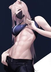 1girls abs female grey_hair hololive hololive_gen_5 hololive_japan jeans large_breasts lion_ears mask muscular muscular_female shirt shirt_lift shishiro_botan underboob usagits_00 virtual_youtuber