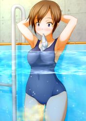 blush confused_look holding_object holding_rag holding_towel large_breasts one-piece_swimsuit peeing peeing_in_pool peeing_in_swimsuit peeing_underwater pool pullpull15 standing_pee swimming_pool swimsuit swimwear towel urinating_female wetting wetting_self