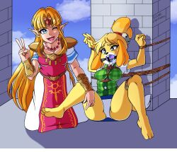 a_link_to_the_past animal_crossing anthro ball_gag ball_gag_embellishment blonde_female blonde_hair blue_eyes bondage bound bound_legs bound_wrists boundlightning embellished_ball_gag female female_domination femdom femsub gag gagged green_eyes isabelle_(animal_crossing) looking_at_viewer nintendo open-mouth_smile panties princess_zelda restrained rope rope_between_breasts rope_bondage source_request spread_legs super_smash_bros. the_legend_of_zelda tied_to_pole tied_up underwear v wink year_request yuri zelda_(a_link_between_worlds) zelda_(a_link_to_the_past)