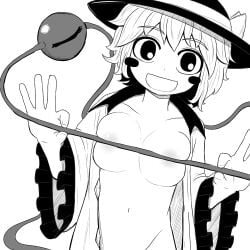 1girls areolae areolae_slip blush breasts camp_of_hunger female female_focus female_only koishi_komeiji large_breasts monochrome partially_clothed solo solo_female solo_focus touhou