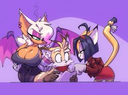 1boy 2girls anthro bat bigdad black_hair blue_eyes breasts brown_eyes cat catgirl cleavage clevage eyeshadow female fox foxboy fully_clothed green_eyes honey_the_cat jealous large_breasts male miles_prower older_female pouting purple_eyeshadow rouge_the_bat sega short_hair sonic_(series) sonic_the_hedgehog_(series) tail tails wings younger_male