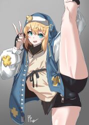 1boy androgynous artist_name balls_bulge bike_shorts blonde_hair blue_eyes blush blushing bridget bulge femboy flexibility flexible guilty_gear guilty_gear_strive highleg hood hoodie leg_lift leg_up light_blush mouth_open nun_hat peace_sign penis_bulge ppangkkaru slight_blush tagme thick thick_thighs thighs tight_clothing turquoise_eyes