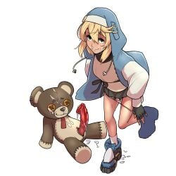 1boy after_masturbation after_sex blonde_hair blue_eyes bridget cum cum_on_plushie eye_contact guilty_gear guilty_gear_strive himoneko implied_sex looking_at_viewer male male_only miniskirt panties panties_down plushie sex_toy skirt solo teddy_bear white_background