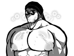 bandana beard black_and_white cum cum_drip cum_on_body cum_on_breasts cum_on_face cumshot fog huge_breasts huge_nipples lactation madness_combat male_focus male_lactation manga manly marlushii monochrome muscle muscular muscular_male sanford soft_breasts solo_male sunglasses