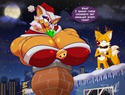 1girls bat christmas dialogue fox jack_hoo_(artist) large_breasts older_female rouge_the_bat santa_costume sonic_(series) sonic_the_hedgehog_(series) speech_bubble tails text younger_male