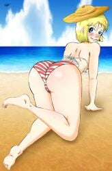 ass ass_focus beach big_ass blonde_female blonde_hair blue_eyes dobutsu_no_kurasu elizabeth_rever looking_back panties showing_ass shy smile