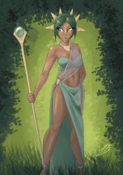 background bangs bare_arms bare_legs bare_midriff bare_shoulders bare_thighs belly_button breasts clavicle cleavage cnbcustoms collarbone dark-skinned_female dark_skin dungeons_&_dragons dungeons_and_dragons elf elf_ears elf_female elf_girl fantasy female female_focus female_only fit_female green_clothing green_eyes green_hair jewelry jungle jungle_background long_ears long_eyelashes looking_away looking_to_the_side pointy_ears pouty_lips saree sari sheer sheer_clothes sheer_clothing shiny_breasts shiny_skin skirt slit_skirt staff wrap_bra