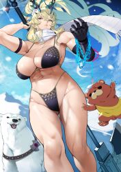 1girls abs barghest_(gawain)_(fate) big_breasts bikini blonde_female breasts cleavage fate/grand_order fate_(series) female gauntlet heterochromia looking_at_viewer looking_down muscular_female orion_(bear)_(fate) tagme thick_thighs thong_bikini yoshi55level