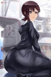 1girls ass big_ass big_butt black_hair chainsaw_man female female_focus female_only fully_clothed higashiyama_kobeni huge_ass huge_butt o22no short_hair solo thick_thighs tight_clothing uniform