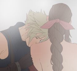 1boy 1boy1girl 1girls aerith_gainsborough back bare_shoulders cloud_strife female final_fantasy final_fantasy_vii final_fantasy_vii_remake foreplay gloves kissing_shoulder light-skinned_female light-skinned_male long_hair male male/female romantic sensual shoulder_kiss soft straight suggestive taking_clothes_off undressing undressing_partner wholesome