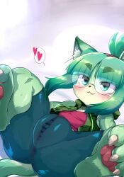 anthro anus bangs bike_shorts blush bottomwear breasts censor_bar claws clothing domestic_cat eyebrow_through_hair eyebrows eyewear feet felid feline felis female fur genitals glasses green_body green_eyes green_fur green_hair hair heart hi_res inner_ear_fluff leggings legwear lying mammal midori_(nakagami_takashi) muhyowo pawpads pink_clothing pink_shirt pink_topwear pussy shirt shorts sleeveless_shirt small_breasts smile solo spread_legs spreading thick_eyebrows thick_thighs tied_hair toe_claws topwear translucent translucent_clothing translucent_hair tuft