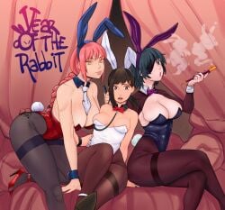 3girls big_breasts breasts bunny_ears bunnysuit chainsaw_man cleavage collar female female_only femdom higashiyama_kobeni himeno_(chainsaw_man) leash leash_pull makima_(chainsaw_man) mappa nagainosfw new_year overflowing_breasts pantyhose smoking year_of_the_rabbit yuri