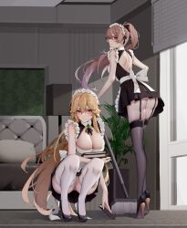 2girls absurdres alternate_costume anus anus_peek apron ass azur_lane back_cutout backless_outfit bangs bare_arms bare_back bed black_bow black_dress black_footwear black_ribbon black_skirt black_thighhighs blinds blonde_female blonde_hair blush book bottomless bow breasts broom cameltoe chinese_commentary cleavage cleavage_cutout closed_mouth clothing_cutout collar couch door dress enmaided expressionless floating_hair frilled_apron frilled_hairband frilled_skirt frills full_body garter_straps gem green_gemstone hair_between_eyes hair_flaps hair_ribbon hairband hairbow high_heels highres holding holding_book indoors jean_bart_(azur_lane) lace-trimmed_legwear lace_trim large_breasts leaning_forward legs light_smile long_hair looking_at_viewer looking_back maid maid_apron maid_headdress median_furrow multiple_girls no_panties panties pantyshot ponytail pumps pussy red_eyes ribbon richelieu_(azur_lane) short_dress shoulder_blades sidelocks skirt sleeveless sleeveless_dress spread_legs squatting standing thighhighs thighs two-tone_footwear underwear very_long_hair waist_apron white_apron white_bow white_collar white_panties white_thighhighs wsfw