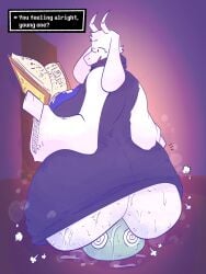 anon anthro ass bed bedroom big_ass book bottomless bottomless_skirt bubble_butt caprine clothed clothing dialogue door dress dress_lift english_text facesitting female floppy_ears fur goat huge_ass indoors milf mother musk musk_clouds qoolguyart reading sitting solo sweat text toriel undertale undertale_(series) upskirt white_fur