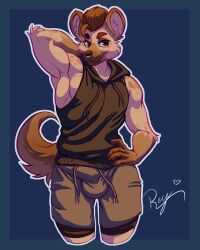 1boy 2022 absurd_res anthro bottomwear bulge clothing facial_piercing hi_res hyaenid lon_(leanmeanyeen) male male_only mammal muscular muscular_anthro muscular_male nose_piercing piercing reydam shorts sleeveless_hoodie solo spotted_hyena