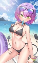 1girls bare_arms bare_legs bare_shoulders beach belly belly_button bikini bikini_bottom bikini_top black_bikini breasts cleavage day daytime demon demon_girl demon_tail earrings facing_viewer female female_focus female_only green_eyes holoforce hololive hololive_japan looking_at_viewer medium_breasts midriff multicolored_nails navel outdoors outside painted_nails popsicle purple_hair sand short_hair solo solo_female solo_focus standing stomach sunglasses sunglasses_on_head swimsuit swimwear tail tattoo tokoyami_towa virtual_youtuber z.m._(school913102)