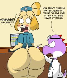 alternate_breast_size animal_crossing ass big_ass big_butt blush blushing_at_viewer canine computer computer_keyboard computer_screen crackalacking doctor dog_girl isabelle_(animal_crossing) lifting_skirt mario_(series) nintendo nurse nurse_cap nurse_uniform purple_yoshi purps shocked_expression shocked_eyes text_bubble thick_ass yoshi