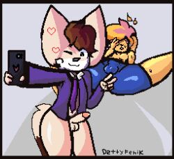 anthro ass balls canid canine clothed clothing dettyfenik duo erection fennec fox fur genitals hair jackmeowy janslobonejo lagomorph latex leporid male male/male mammal necktie nude package penis phone rabbit selfie simple_background smile tail