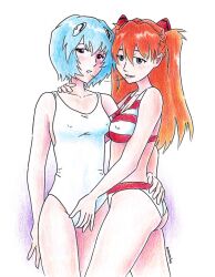 2girls ass asuka_langley_sohryu bikini bikini_bottom bikini_top blush butt drool drooling eronimbus fingering kiss_mark multiple_girls neon_genesis_evangelion one-piece_swimsuit rei_ayanami small_breasts swimsuit swimwear touching touching_pussy yuri