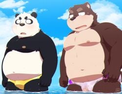 2022 anthro belly big_belly black_body black_nose blush brown_body bulge canid canine canis clothing cloud domestic_dog duo giant_panda kemono male male/male mammal moobs nipples penta002 swimwear ursid water white_body