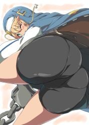 1boy ass ass_focus backsack balls big_ass big_butt bike_shorts blonde_hair blue_eyes bridget bulge compression_shorts eye_contact femboy guilty_gear guilty_gear_strive kamiya_tomoe long_hair looking_at_viewer male_only one_eye_closed shorts smile solo spandex_shorts thick_thighs thighs wink