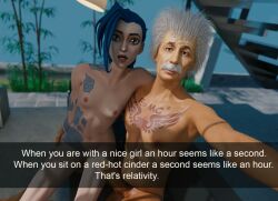 1girls 3d albert_einstein blue_eyes blue_hair brown_eyes casual celebrity crossover erection female funny human jinx_(league_of_legends) league_of_legends light-skinned_female light-skinned_male light_skin male meme nipples nude nude_female nude_male older_male pale-skinned_female pale_skin professor quote real_person small_breasts snapchat tattoo text white_hair younger_female