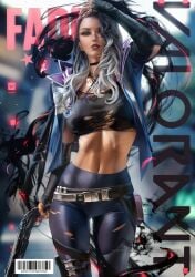 1girls barcode belt bra breasts clothing fade_(valorant) female female_only fishnets gun hi_res highres jacket looking_at_viewer magazine_cover midriff navel piercing riot_games ripped_clothing sakimichan slim_waist solo thick_thighs thighs torn_clothes valorant watermark wide_hips