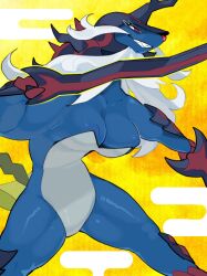 1girls big_breasts breasts female female_only hi_res hisuian_samurott kame_3 narrowed_eyes nintendo pokémon_(species) pokemon red_eyes regional_form_(pokémon) samurott sharp_teeth smile solo solo_female teeth_showing thick_thighs