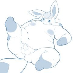 2022 anthro anus ass balls belly big_belly blush eeveelution erection genitals glaceon hi_res kemono lying male male_only moobs nintendo nipples obese obese_male overweight overweight_male penis pokémon_(species) pokemon radiowave solo video_games