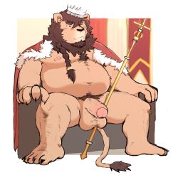 2022 anthro belly big_belly crown felid flaccid genitals hagom hi_res humanoid_genitalia humanoid_hands humanoid_penis kemono king lion male mammal moobs nipples overweight overweight_male pantherine penis royalty sitting solo