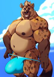 2020 5_fingers anthro big_bulge big_muscles black_claws black_nipples black_nose blue_eyes brown_body brown_fur brown_hair bulge claws clothed clothing ear_piercing fingers fur gloves_(marking) grin hair hi_res huge_bulge humanoid_hands hyaenid hyper hyper_bulge looking_at_viewer male male_only mammal markings musclegut muscular muscular_anthro muscular_male nipples piercing remidragon smile solo speedo spots spotted_body spotted_fur spotted_hyena standing swimwear taoren topless undressing