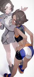 2girls ass bent_over bike_shorts breasts dark-skinned_female dark_skin female female_only full_body game_freak gym_trainer_(circhester_stadium) gym_trainer_(circhester_stadium)_(sword) gym_trainer_(hulbury_stadium) gym_trainer_(pokemon) hizake human human_only kashu_(hizake) nintendo npc_trainer pokemon pokemon_ss short_hair small_breasts sports_bra standing tagme